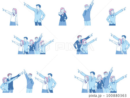 目指す_指差す_学生＿キリッとした表情_ピンクブルー_セット 100880363