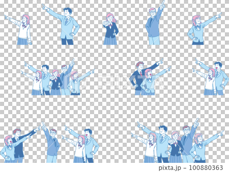 目指す_指差す_学生＿キリッとした表情_ピンクブルー_セット 100880363