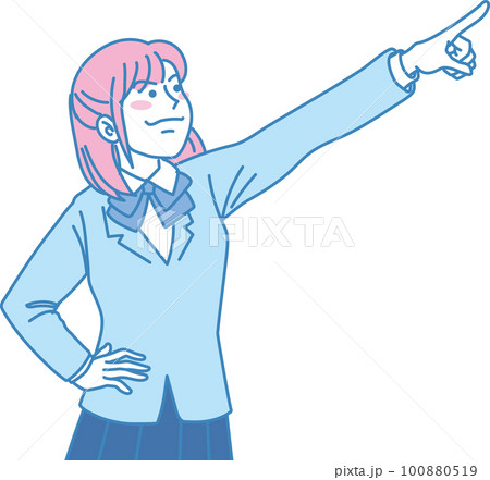 目指す_指差す_学生＿キリッとした表情_ピンクブルー_右上を指差す女子学生 100880519
