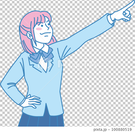 目指す_指差す_学生＿キリッとした表情_ピンクブルー_右上を指差す女子学生 100880519