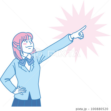 目指す_指差す_学生＿キリッとした表情_ピンクブルー_右上を指差す女子学生_背景色あり 100880520