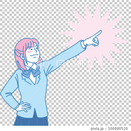 目指す_指差す_学生＿キリッとした表情_ピンクブルー_右上を指差す女子学生_背景色あり 100880520