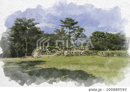 水彩画風 松阪 松阪城跡 天守台 三重県松阪市 水彩画風 松阪 松阪城跡 天守台 三重県松阪市 100880593