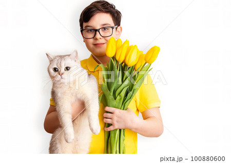 A happy boy holds a cute white cat and bouquet of yellow tulips, on a white background 100880600