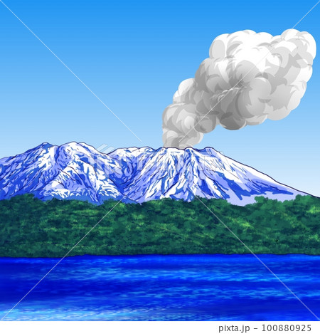 鹿児島の火山 雪化粧した桜島 100880925