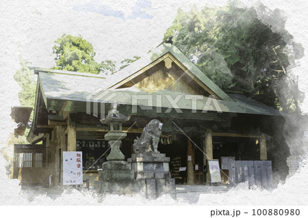 水彩画風　松阪　松阪神社　拝殿　三重県松阪市 100880980