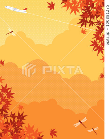 秋の紅葉と飛行機、赤とんぼの飛ぶ風景　背景素材（縦向き） 100881235