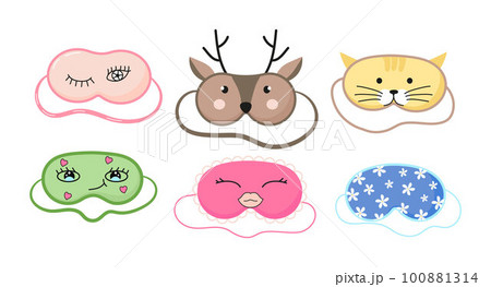 Cute masks for dreaming set vector. Rest relax accessories for night collection. Sleepy mask with eyes, animals face and smiles. Cute masks for dreaming set vector. Rest relax accessories for night collection. Sleepy mask with eyes, animals face and smiles. 100881314
