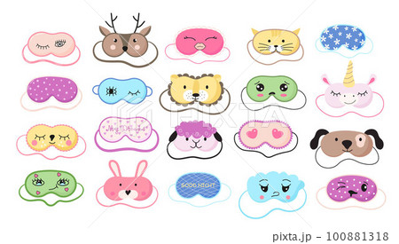 Cute masks for dreaming set vector. Rest relax accessories for night collection. Sleepy mask with eyes, animals face and smiles. Cute masks for dreaming set vector. Rest relax accessories for night collection. Sleepy mask with eyes, animals face and smiles. 100881318