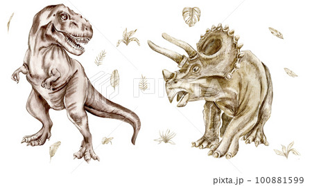 Watercolor hand drawn illustration of dinosaurs on a white background. Perfect for nursery poster decoration, wedding invitation, greetings card, party decor. Hand painted dino. For children funny. Watercolor hand drawn illustration of dinosaurs on a white background. Perfect for nursery poster decoration, wedding invitation, greetings card, party decor. Hand painted dino. For children funny. 100881599