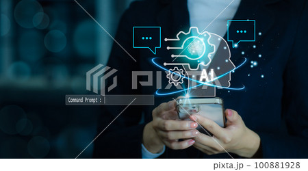 Businessman using technology smart robot AI, ChatGPT Chat concept AI, Artificial Intelligence. enter command prompt, contact for business information, Futuristic technology transformation. 100881928