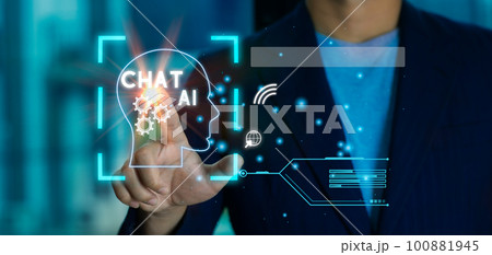 Businessman hand touch digital chatbot an assistant conversation access to data growth of business in online network, Robot application and global connection, AI, Artificial intelligence. Technology. 100881945