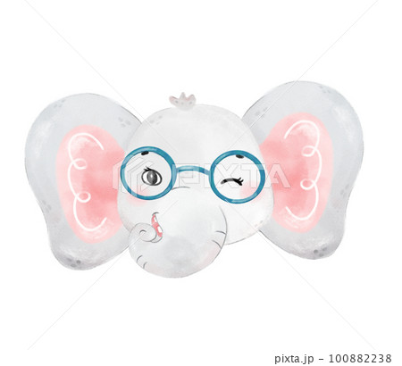 cute watercolor nerd wild elephant animal wear glasses cartoon painting 100882238