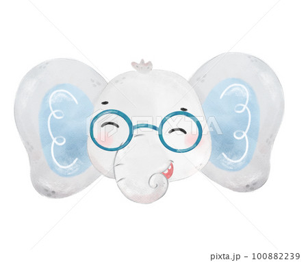 cute watercolor nerd wild elephant animal wear glasses cartoon painting 100882239