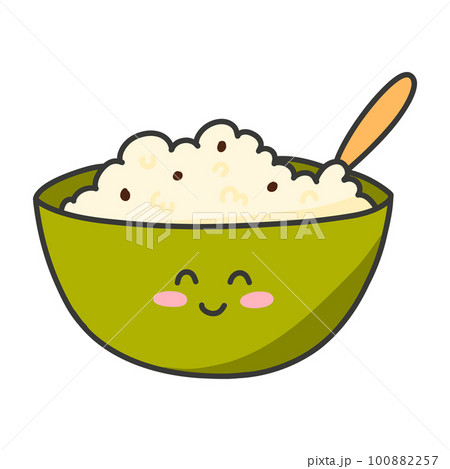A plate of porridge in kawaii style. Vector illustration. Breakfast in cartoon style. Muesli character with a smile. A plate of porridge in kawaii style. Vector illustration. Breakfast in cartoon style. Muesli character with a smile. 100882257