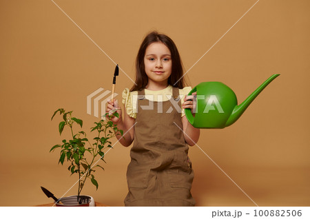 Adorable smiling little kid girl holding watering can and garden shovel, learns gardening, planting and cultivating vegetables in domestic garden, isolated on beige backdrop. Ecology, organic food. 100882506