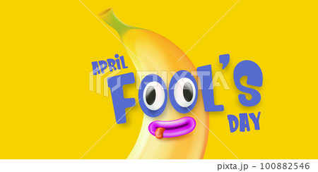 April Fools day funky horizontal banner with silly orange banana character isolated on yellow background. 1 st april fool day banner, poster, label, flyer and greeting card April Fools day funky horizontal banner with silly orange banana character isolated on yellow background. 1 st april fool day banner, poster, label, flyer and greeting card 100882546