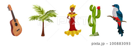 Cuba Symbols with Guitar, Palm Tree, Woman in National Dress, Cactus and Trogon Bird Vector Set Cuba Symbols with Guitar, Palm Tree, Woman in National Dress, Cactus and Trogon Bird Vector Set 100883093
