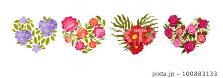 Floral Blooming Heart Shape with Fragrant Blossom and Foliage Vector Set 100883133