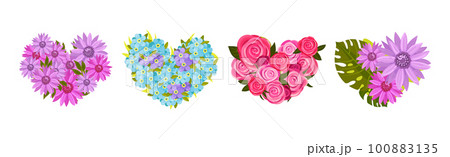 Floral Blooming Heart Shape with Fragrant Blossom and Foliage Vector Set Floral Blooming Heart Shape with Fragrant Blossom and Foliage Vector Set 100883135