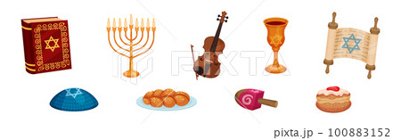 Menorah, Torah, Goblet, Scroll, Pastry and Dreidel as Hanukkah Symbols for Jewish Holiday Celebration Vector Set 100883152
