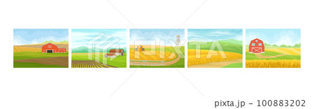 Country View with Sown Field, Barn House and Pasture Land as Green Landscape Vector Set 100883202