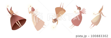 Tender Fairies in Neat Dresses Fluttering with Magic Wand Vector Set 100883302