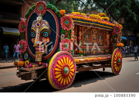 AI generated AI generated Traditional balinese wooden carriages decorated with flowers and garlands 100883390