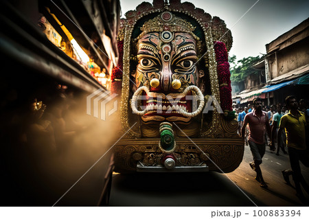 AI generated AI generated Traditional balinese wooden carriages decorated with flowers and garlands 100883394