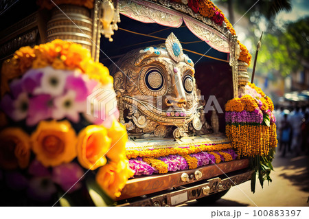AI generated AI generated Traditional balinese wooden carriages decorated with flowers and garlands 100883397