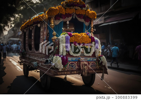 AI generated AI generated Traditional balinese wooden carriages decorated with flowers and garlands 100883399