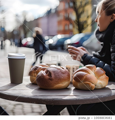 AI generated outdoor scene with blurred background, break during the day to chat with friends and family over a cup of coffee 100883681