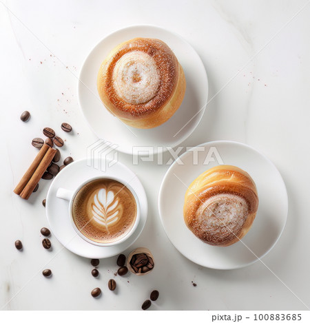 AI generated cups of coffee and buns with sugar and cinnamon 100883685