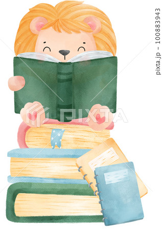 cute watercolour baby lion animal kid reading book, back to school cartoon character illustration 100883943