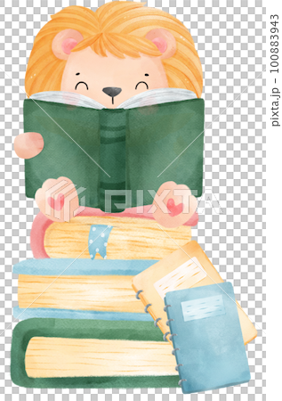 cute watercolour baby lion animal kid reading book, back to school cartoon character illustration 100883943