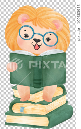 cute watercolour baby lion animal kid reading book, back to school cartoon character illustration 100883958