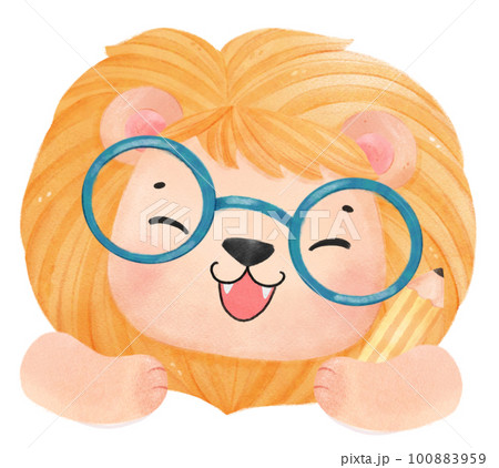 cute watercolour baby lion animal kid reading book, back to school cartoon character illustration 100883959