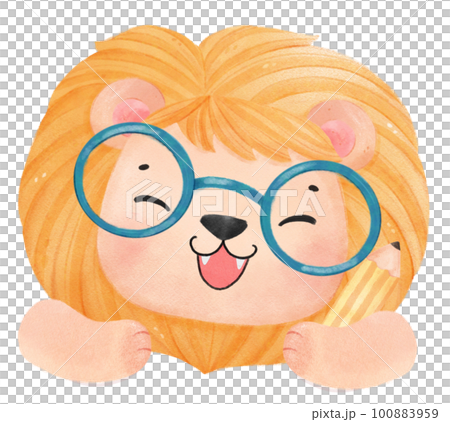 cute watercolour baby lion animal kid reading book, back to school cartoon character illustration 100883959