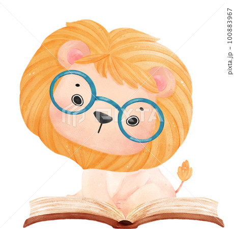 cute watercolour baby lion animal kid reading book, back to school cartoon character illustration cute watercolour baby lion animal kid reading book, back to school cartoon character illustration 100883967