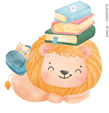 cute watercolour baby lion animal kid reading book, back to school cartoon character illustration cute watercolour baby lion animal kid reading book, back to school cartoon character illustration 100883970