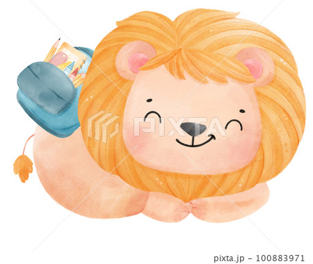 cute watercolour baby lion animal kid reading book, back to school cartoon character illustration 100883971