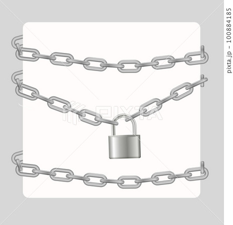 Padlock and chain. Gray metal chain and padlock, handcuffed card, vector 100884185