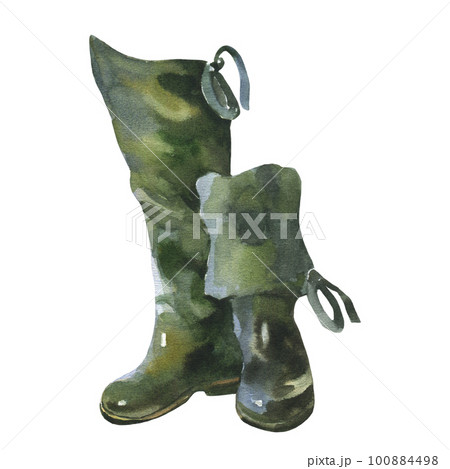 Watercolor illustration of wading rubber boots used for walking on water while fishing. Hand drawn picture isolated on white background. Watercolor illustration of wading rubber boots used for walking on water while fishing. Hand drawn picture isolated on white background. 100884498