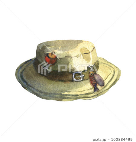 Watercolor illustration of a man's fishing hat, with decorations in the form of a float, baubles. Hand drawn picture isolated on white background 100884499