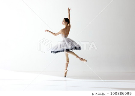 Ballerina wearing tutu dancing elegant movements over white background. Beauty of classical dance Ballerina wearing tutu dancing elegant movements over white background. Beauty of classical dance 100886099