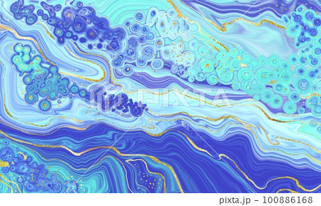Marble Blue and Gold Abstract Background. Fluid Acrulic Art Imitation. 100886168