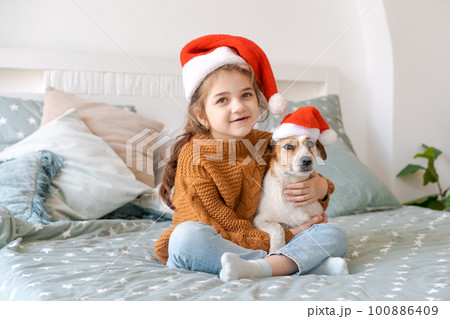 Happy woman with daughter in santa hat enjoying her cute dog jack russell. 100886409
