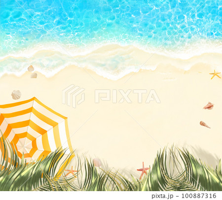 上から見た美しいビーチにヤシの葉とパラソルー夏のおしゃれフレーム背景素材 100887316