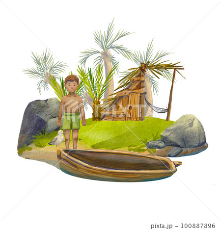 The boy on the desert island. A watercolor illustration of the tropical island with palm trees. The house from branches. Collection island. Animation style. The suitable for clothes, cards. The boy on the desert island. A watercolor illustration of the tropical island with palm trees. The house from branches. Collection island. Animation style. The suitable for clothes, cards. 100887896