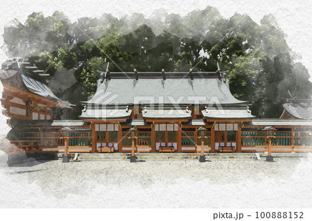 水彩画風　新宮　熊野速玉大社　上三殿と鈴門　和歌山県新宮市 100888152